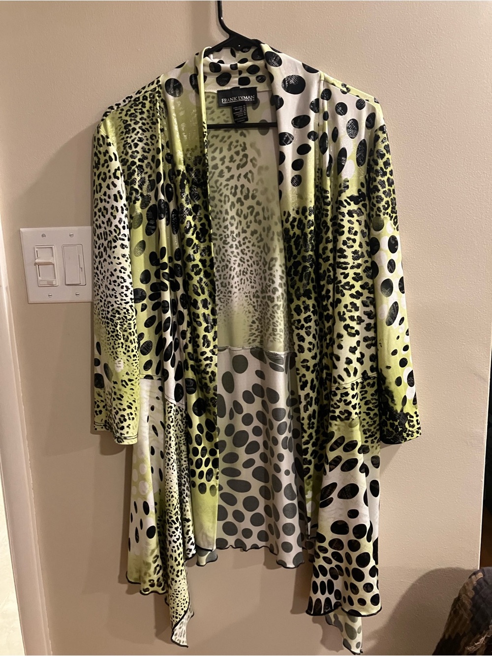 Frank Lyman Design Black and Light Green animal print longlcardigan